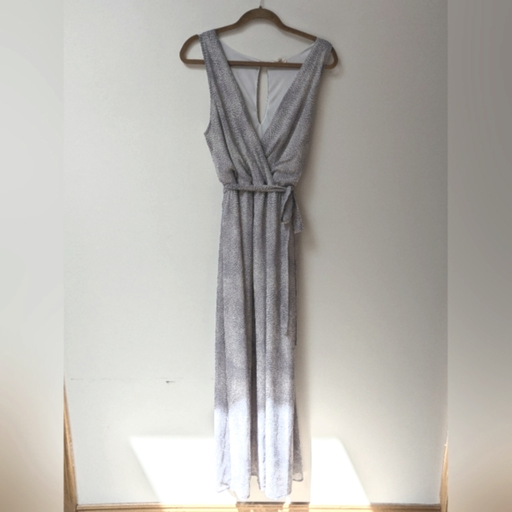 Le Lis Gray Pleated Wrap Maxi Dot Dress